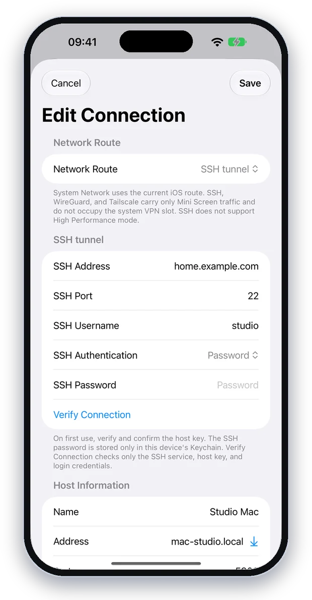 Choosing an SSH tunnel in a connection’s settings