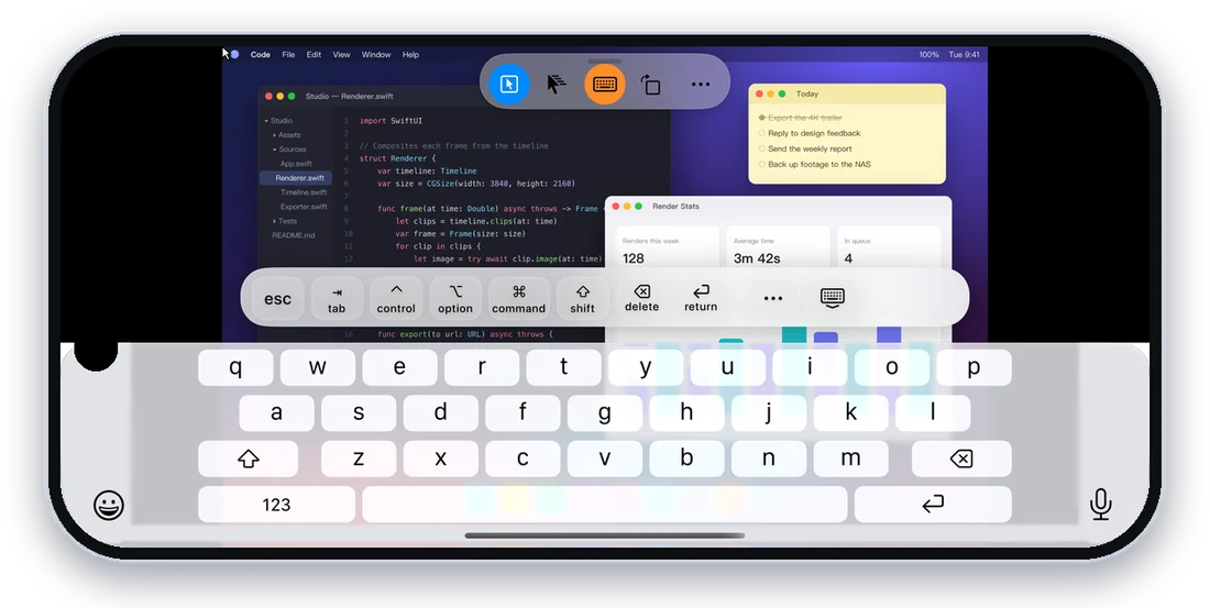 Controlling a Mac on an iPhone in landscape, with the keyboard and key bar