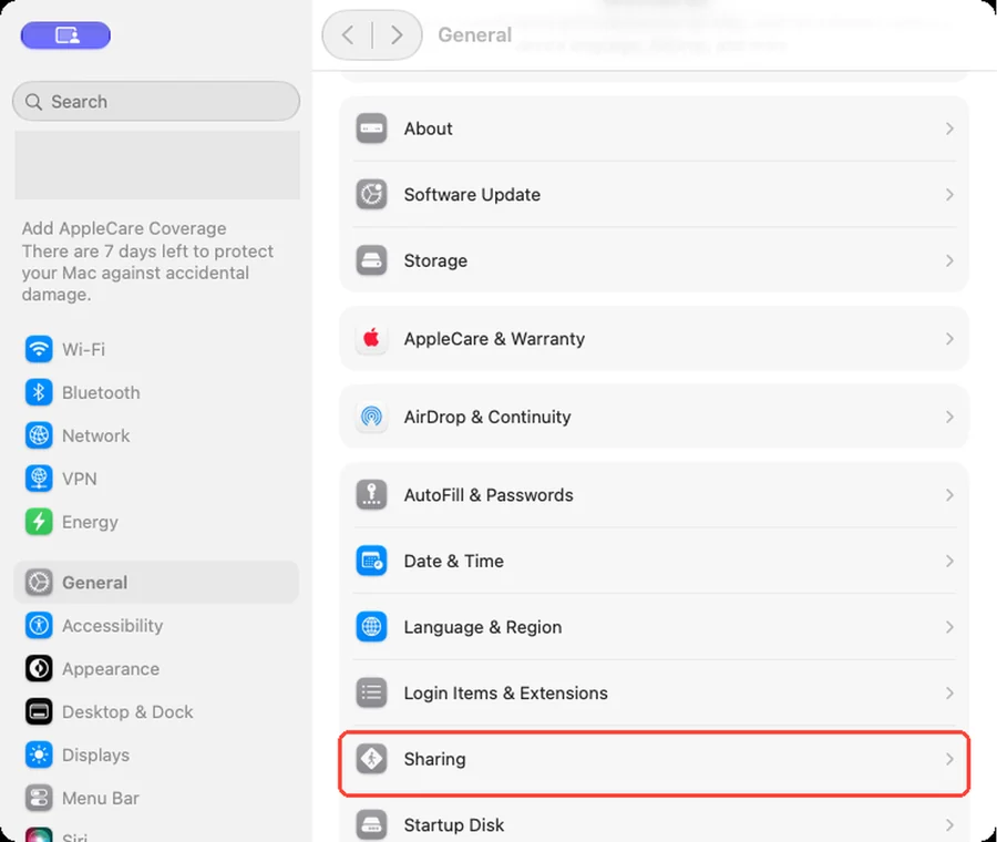 The General pane in macOS System Settings