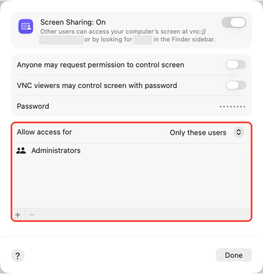 Screen Sharing access settings
